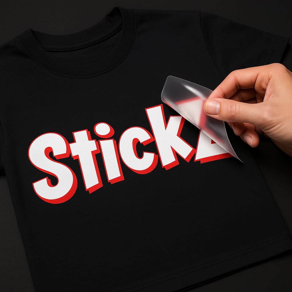 A StickZ print being peeled off a black T-shirt