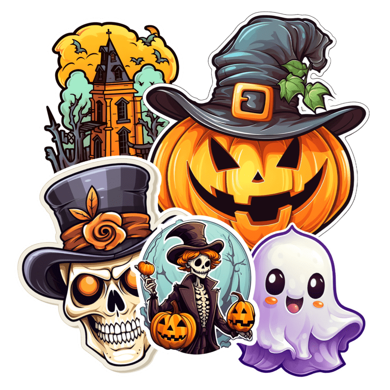 Die-cut klistermärken med halloweenmotiv i flera former och färger