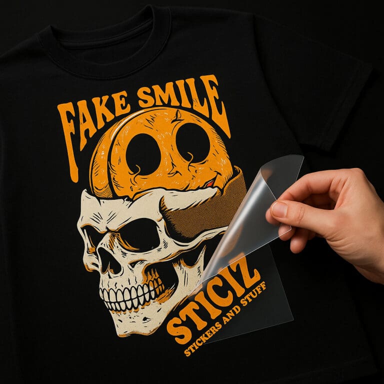 Närbild där transferfilmen dras av från ett DTF-tryck på en svart t-shirt