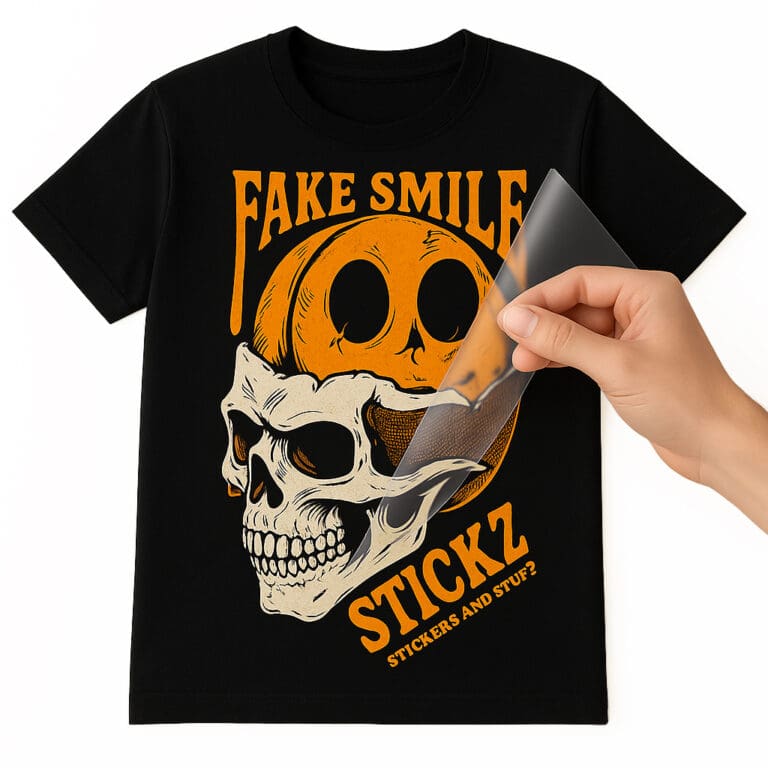 Svart t-shirt med DTF-tryck där transferfilmen dras av för hand
