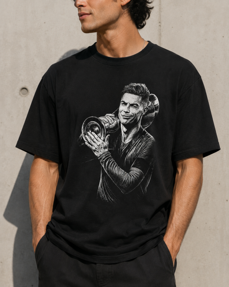 Svart t-shirt med handtecknat porträtt av Cristiano Ronaldo med pokal – Legends Collection
