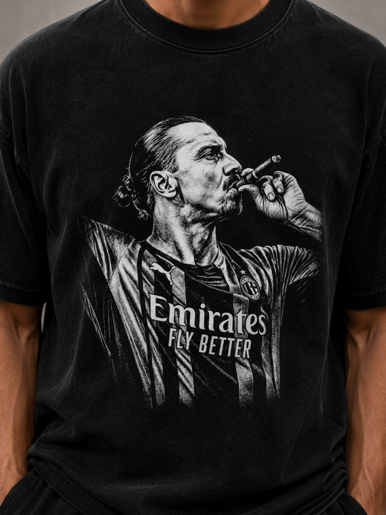 Svart t-shirt med handtecknat porträtt av Zlatan Ibrahimović med cigarr – Legends Collection